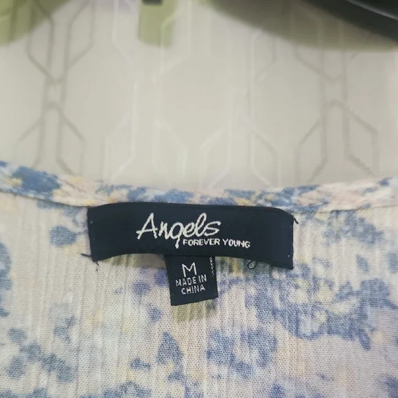 Angels Blue and White Tie Front Short Sleeve Blouse - Picture 2 of 13